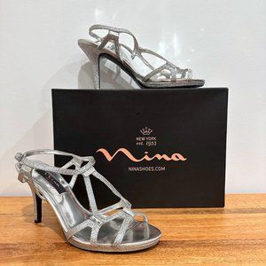 Nina New York, 3" Heel, Silver Glitter Strappy Slingback Shoes, Womens Size 7.5